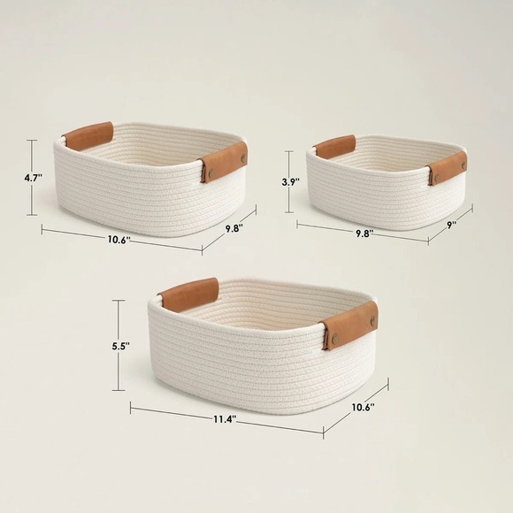 Latitude Run® Nesting Rope Decorative Basket (Set of 3) White with Tan Leather - Picture 2 of 4